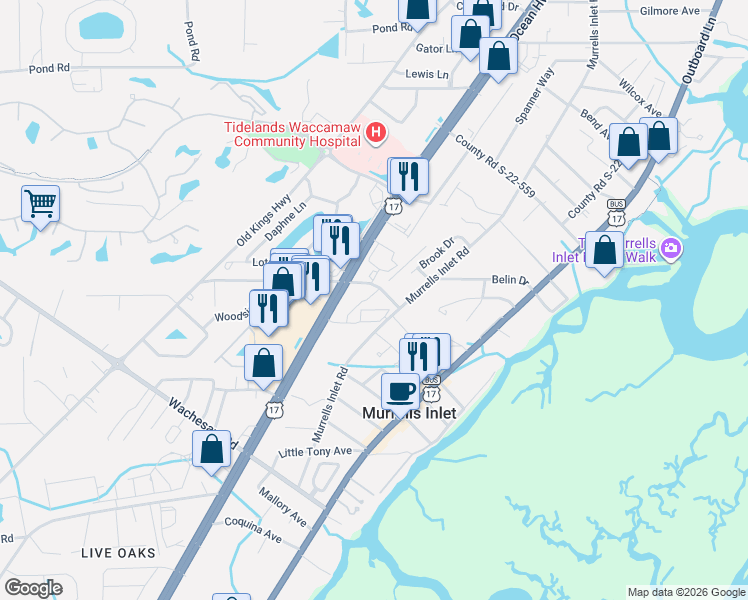 map of restaurants, bars, coffee shops, grocery stores, and more near 631 Bellamy Avenue in Murrells Inlet