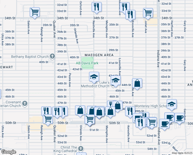 map of restaurants, bars, coffee shops, grocery stores, and more near 3813 43rd Street in Lubbock