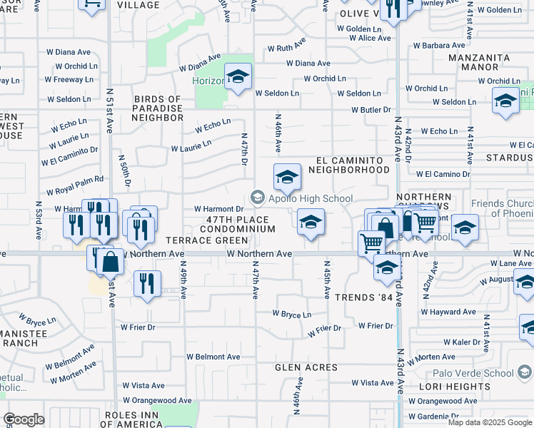 map of restaurants, bars, coffee shops, grocery stores, and more near 8045 North 47th Avenue in Glendale
