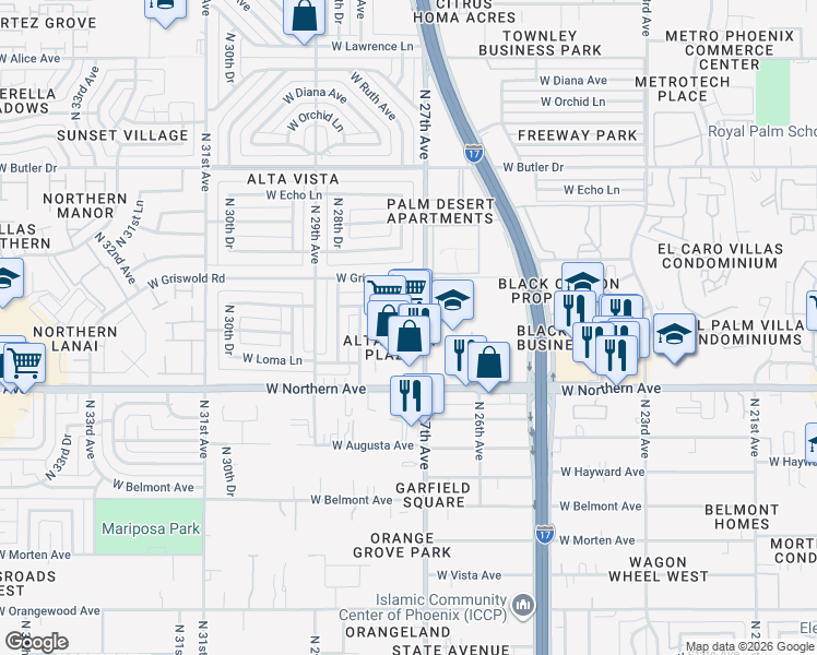 map of restaurants, bars, coffee shops, grocery stores, and more near 8040 North 27th Avenue in Phoenix