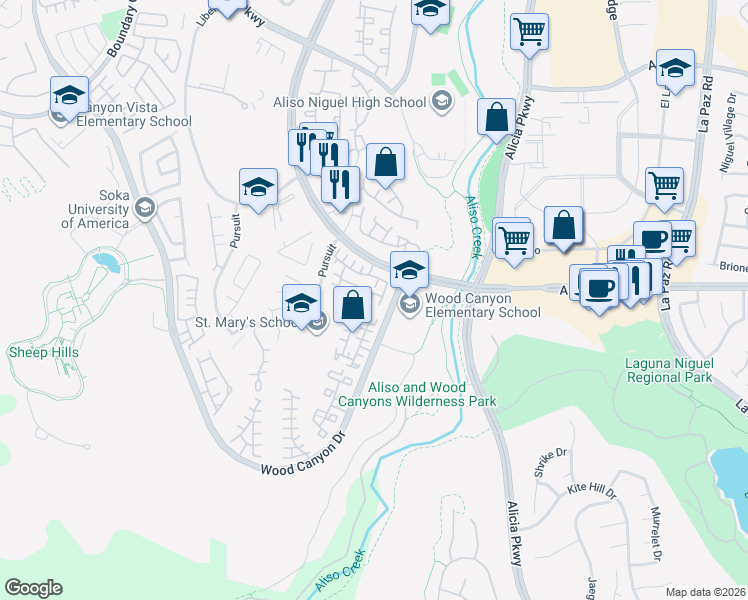 map of restaurants, bars, coffee shops, grocery stores, and more near 7 Leon in Aliso Viejo