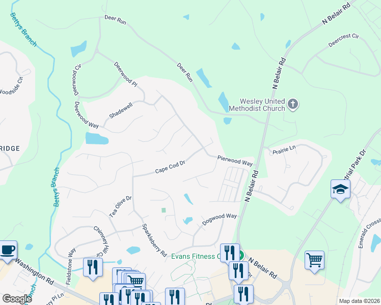 map of restaurants, bars, coffee shops, grocery stores, and more near 4463 Cape Cod Drive in Evans