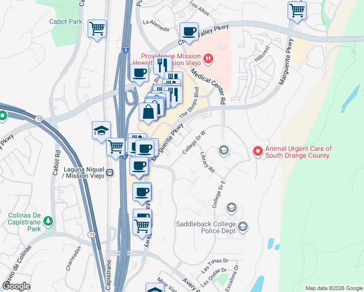 map of restaurants, bars, coffee shops, grocery stores, and more near 28044 Marguerite Parkway in Mission Viejo