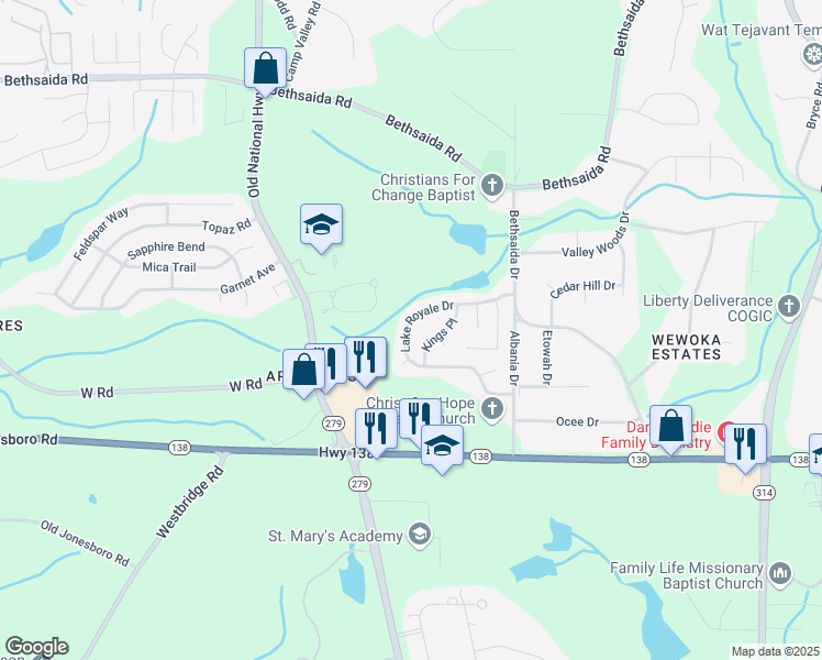 map of restaurants, bars, coffee shops, grocery stores, and more near 2320 Lake Royale Drive in Riverdale