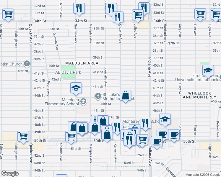 map of restaurants, bars, coffee shops, grocery stores, and more near 3611 43rd Street in Lubbock