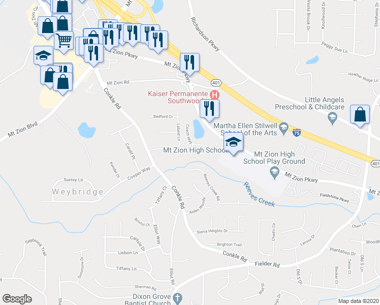 map of restaurants, bars, coffee shops, grocery stores, and more near 7313 Bridlewood Court in Jonesboro