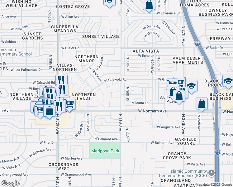 map of restaurants, bars, coffee shops, grocery stores, and more near 8059 North 31st Lane in Phoenix