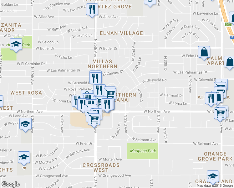 map of restaurants, bars, coffee shops, grocery stores, and more near 8101 North 33rd Drive in Phoenix