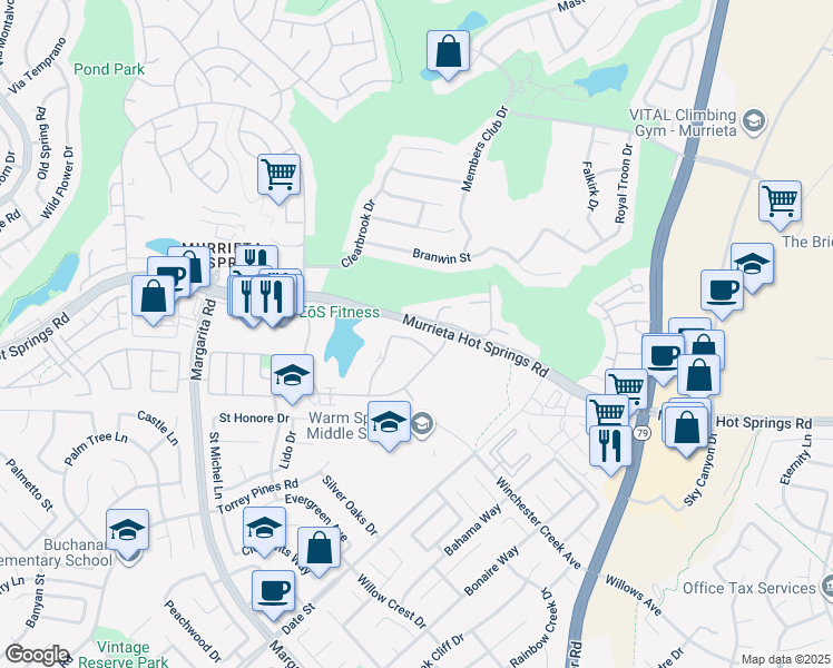 map of restaurants, bars, coffee shops, grocery stores, and more near 28980 Calle Del Lago in Murrieta