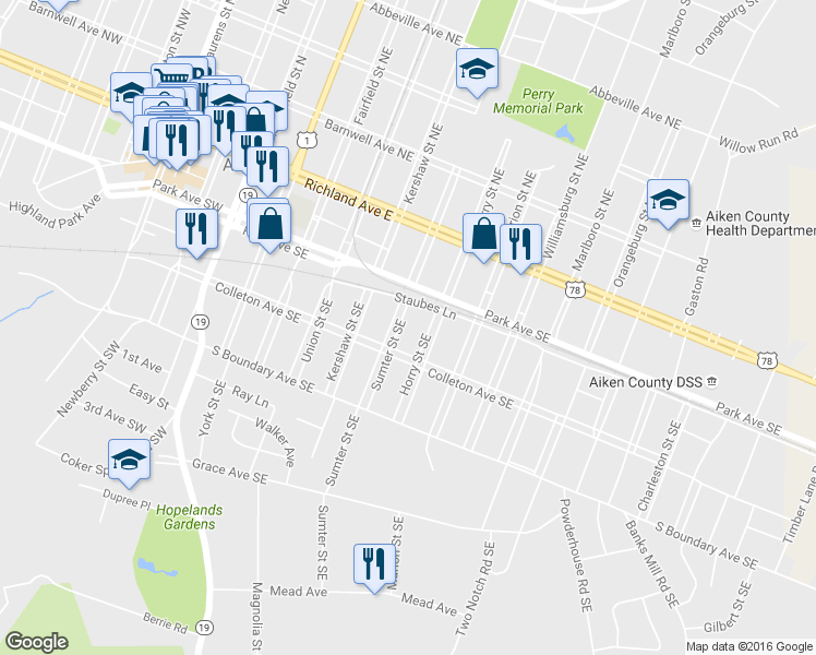 map of restaurants, bars, coffee shops, grocery stores, and more near 237 Sumter Street Southeast in Aiken