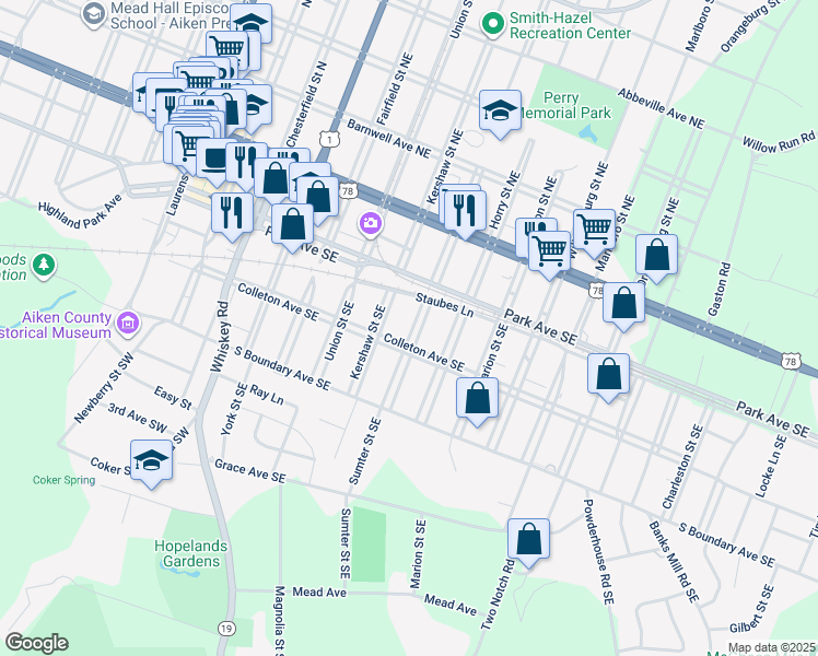 map of restaurants, bars, coffee shops, grocery stores, and more near 237 Sumter Street Southeast in Aiken