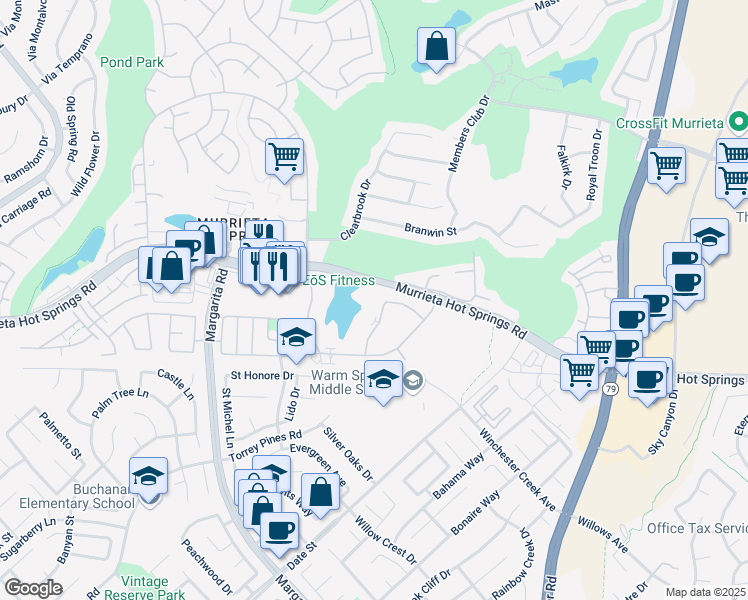 map of restaurants, bars, coffee shops, grocery stores, and more near 39011 Agua Vista in Murrieta
