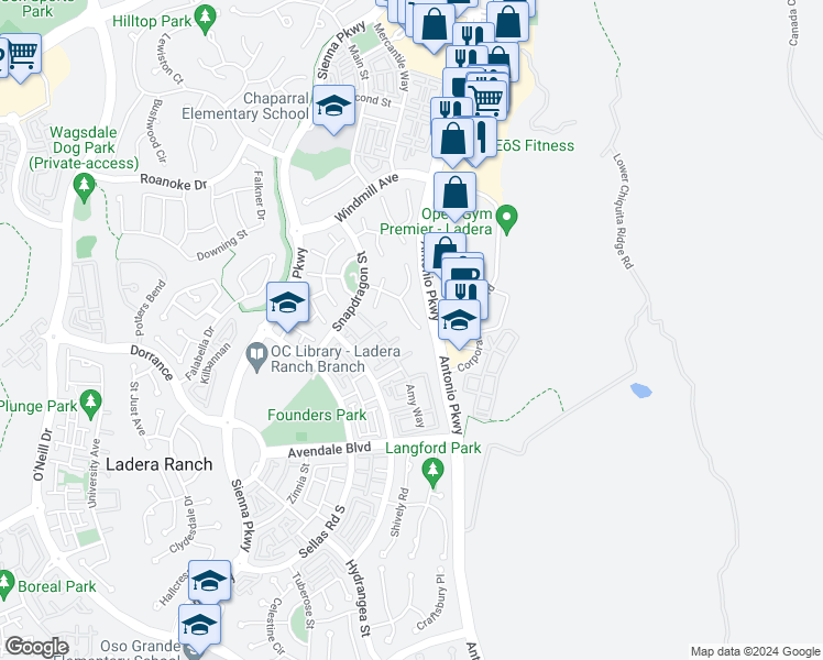 map of restaurants, bars, coffee shops, grocery stores, and more near 14 Blue Spruce Drive in Ladera Ranch