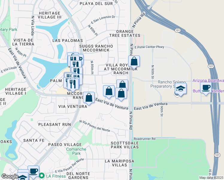 map of restaurants, bars, coffee shops, grocery stores, and more near 8675 East San Alberto in Scottsdale