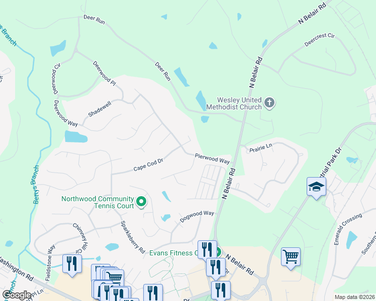 map of restaurants, bars, coffee shops, grocery stores, and more near 4405 Pierwood Way in Evans
