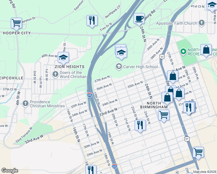 map of restaurants, bars, coffee shops, grocery stores, and more near 2015 36th Avenue North in Birmingham
