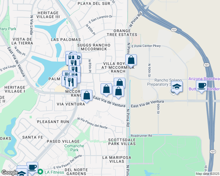 map of restaurants, bars, coffee shops, grocery stores, and more near 8675 East San Alberto in Scottsdale