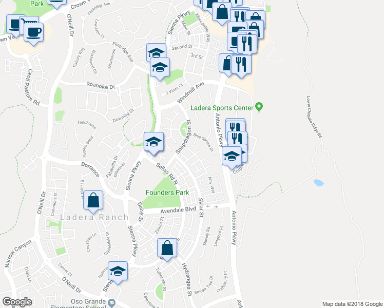 map of restaurants, bars, coffee shops, grocery stores, and more near 27 Savannah Lane in Ladera Ranch