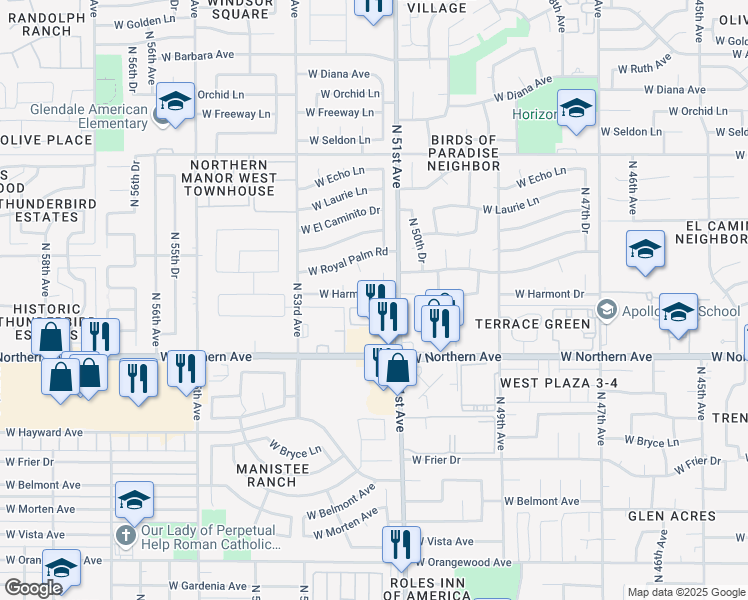map of restaurants, bars, coffee shops, grocery stores, and more near 5119 West Harmont Drive in Glendale