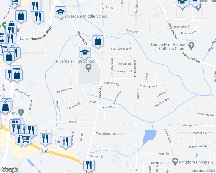 map of restaurants, bars, coffee shops, grocery stores, and more near 7309 Rountree Court in Riverdale
