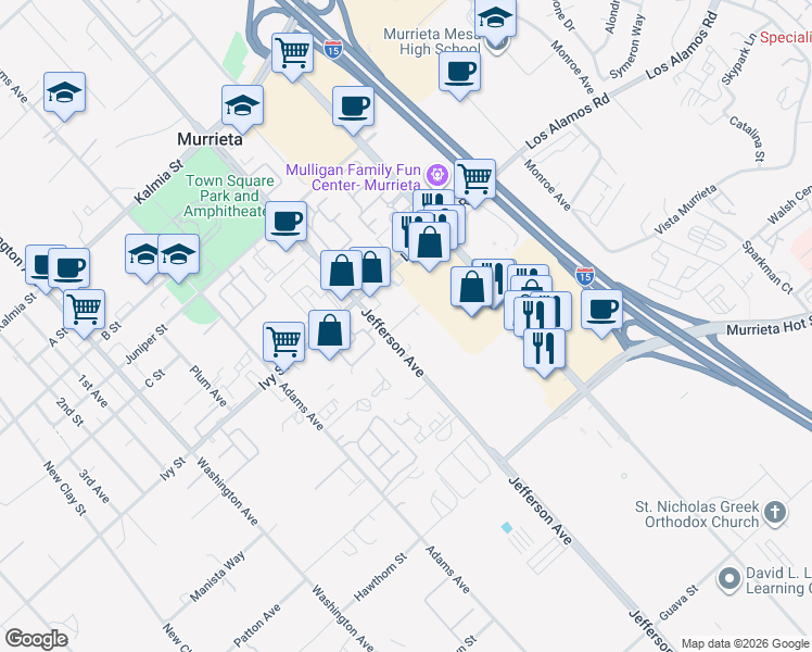 map of restaurants, bars, coffee shops, grocery stores, and more near 25096 Jefferson Avenue in Murrieta