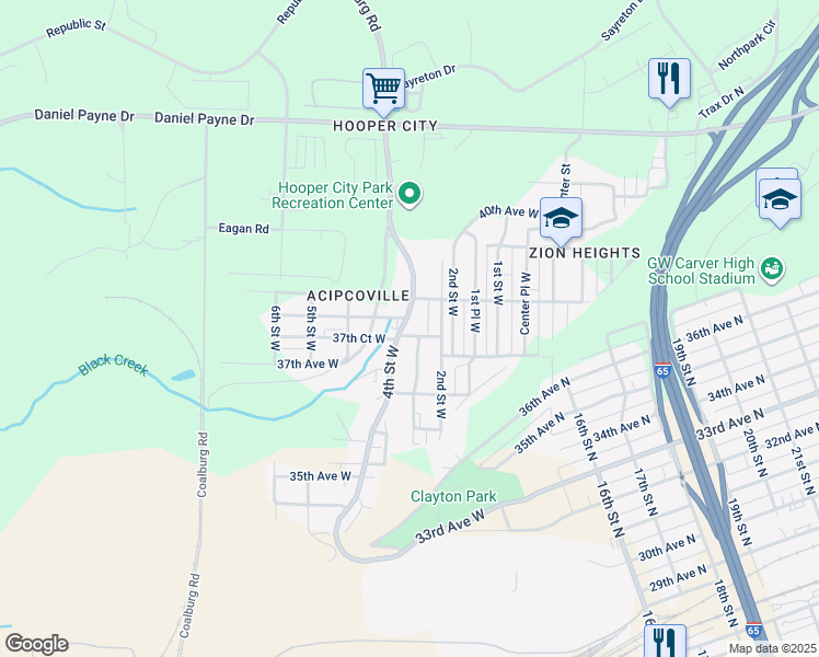 map of restaurants, bars, coffee shops, grocery stores, and more near 3717 4th Street West in Birmingham