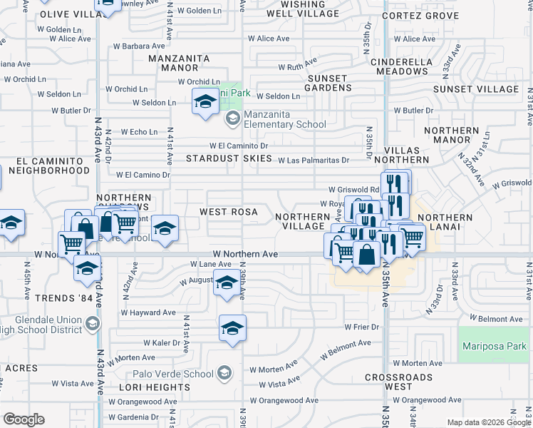 map of restaurants, bars, coffee shops, grocery stores, and more near 3821 West Royal Palm Road in Phoenix