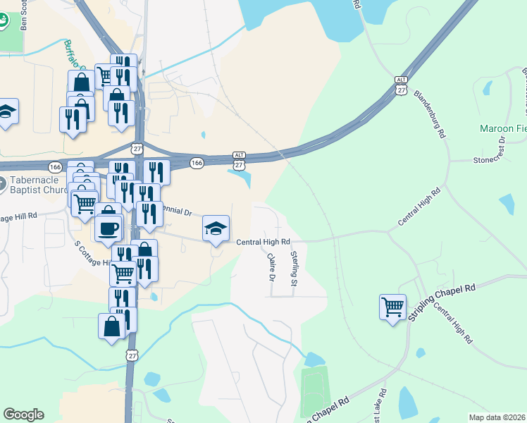 map of restaurants, bars, coffee shops, grocery stores, and more near 119A Waverly Way in Carrollton