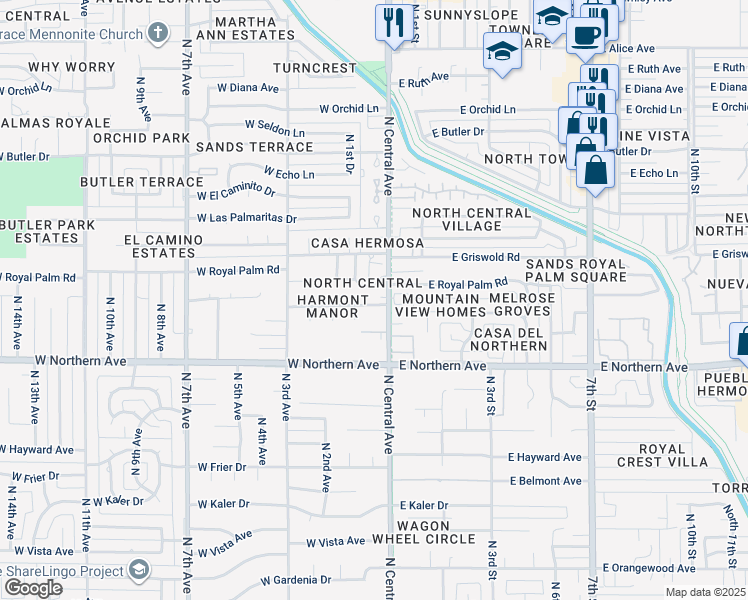 map of restaurants, bars, coffee shops, grocery stores, and more near 8108 North Central Avenue in Phoenix