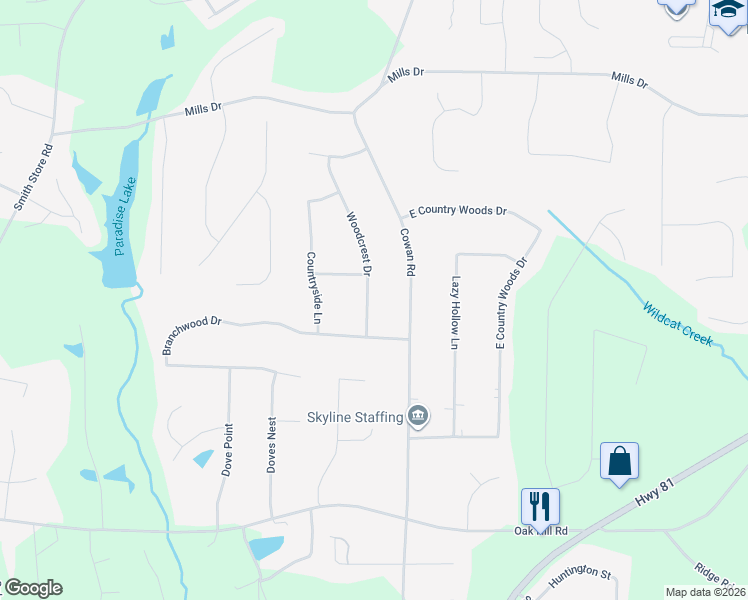 map of restaurants, bars, coffee shops, grocery stores, and more near 195 Woodcrest Drive in Covington
