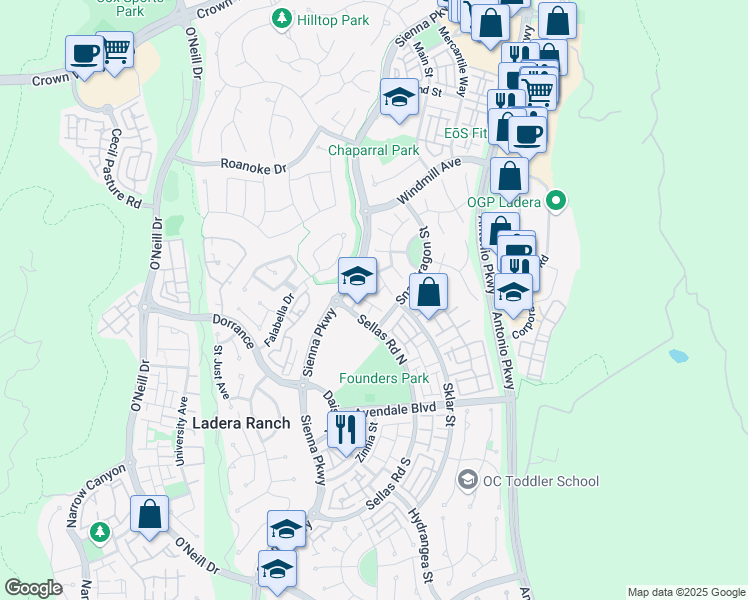 map of restaurants, bars, coffee shops, grocery stores, and more near 6 Solstice Drive in Ladera Ranch