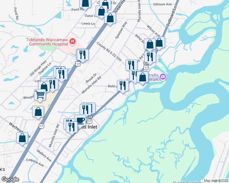 map of restaurants, bars, coffee shops, grocery stores, and more near 4 Cottage Drive in Murrells Inlet