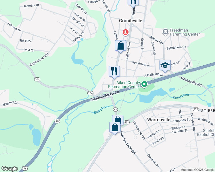 map of restaurants, bars, coffee shops, grocery stores, and more near 421 Main St in Aiken