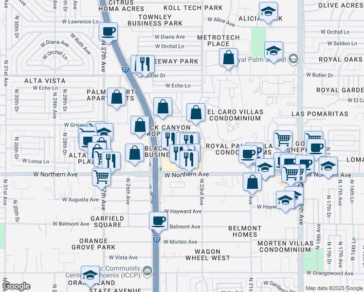 map of restaurants, bars, coffee shops, grocery stores, and more near 8055 North 24th Avenue in Phoenix