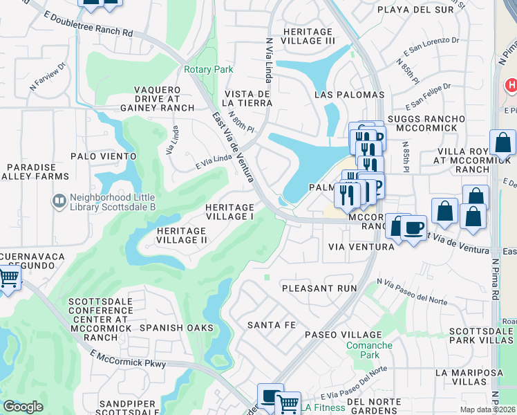 map of restaurants, bars, coffee shops, grocery stores, and more near 8107 East Vía Costa in Scottsdale