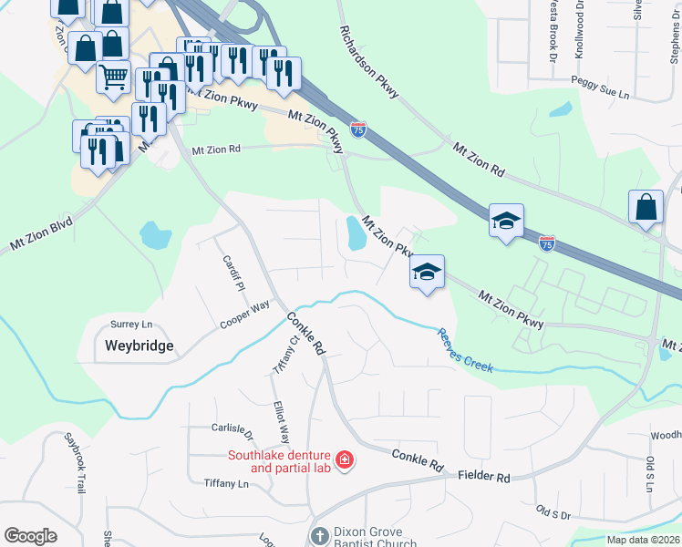 map of restaurants, bars, coffee shops, grocery stores, and more near 7311 Bridlewood Court in Jonesboro