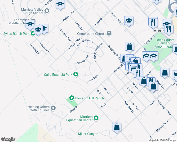 map of restaurants, bars, coffee shops, grocery stores, and more near 42291 Wild Mustang Road in Murrieta