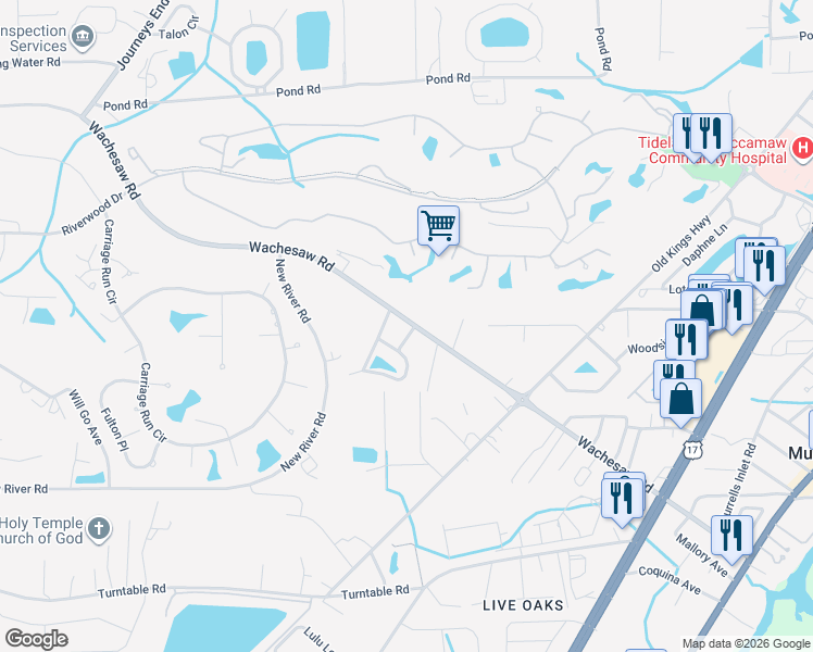 map of restaurants, bars, coffee shops, grocery stores, and more near 4042 Long Leaf Lane in Murrells Inlet