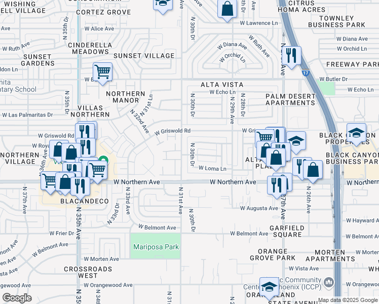 map of restaurants, bars, coffee shops, grocery stores, and more near 8102 North 30th Drive in Phoenix