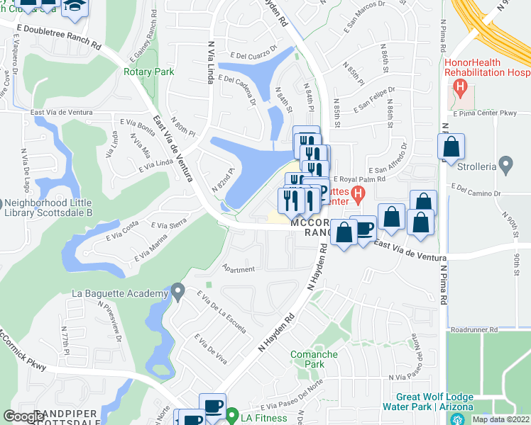 map of restaurants, bars, coffee shops, grocery stores, and more near 8360 East Vía de Ventura in Scottsdale