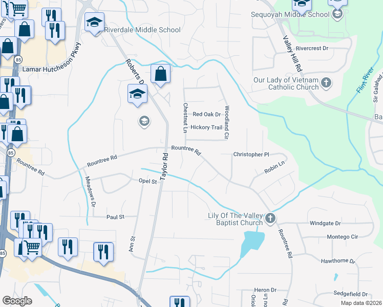 map of restaurants, bars, coffee shops, grocery stores, and more near 276 Rountree Road in Riverdale
