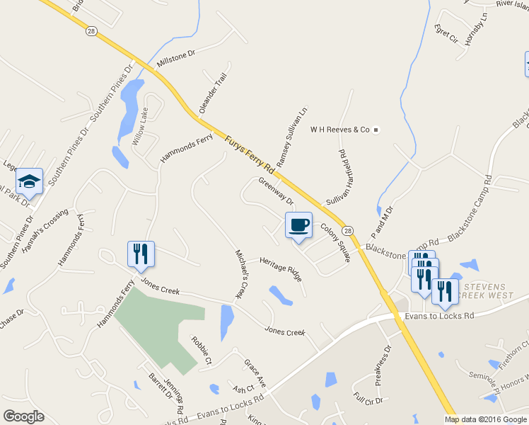 map of restaurants, bars, coffee shops, grocery stores, and more near 3525 Greenway Drive in Evans