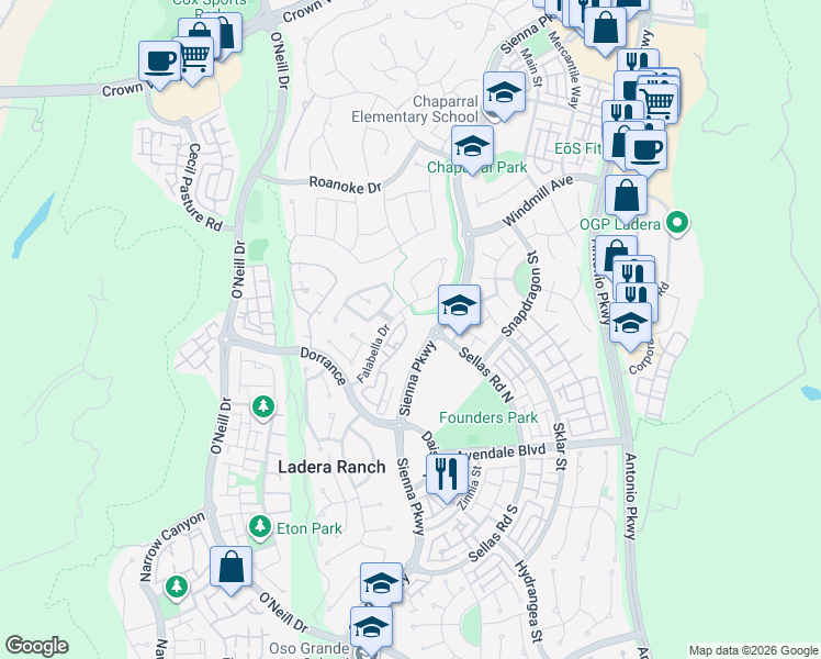 map of restaurants, bars, coffee shops, grocery stores, and more near 18 Notchbrook Lane in Ladera Ranch