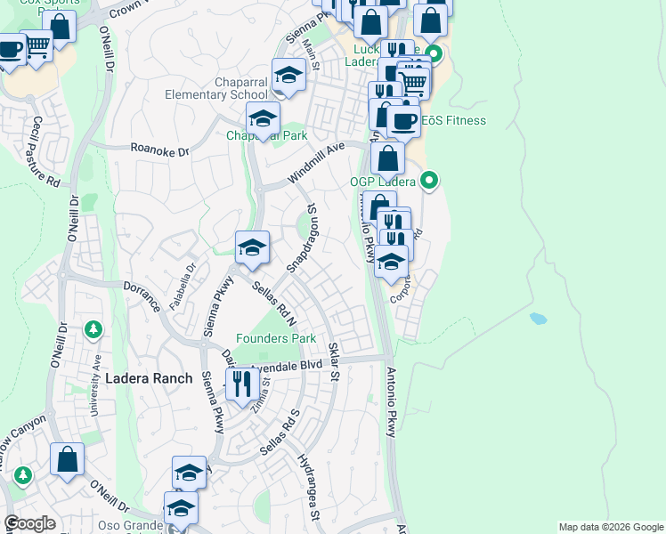 map of restaurants, bars, coffee shops, grocery stores, and more near 27 Savannah Lane in Ladera Ranch