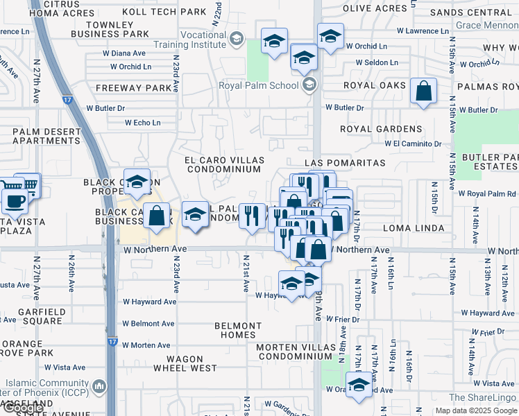 map of restaurants, bars, coffee shops, grocery stores, and more near 8025 North 21st Avenue in Phoenix