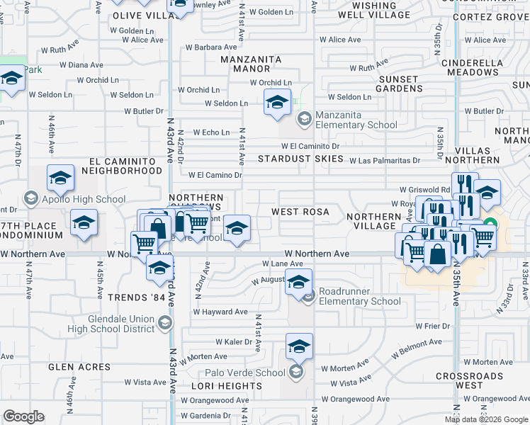 map of restaurants, bars, coffee shops, grocery stores, and more near 4015 West Royal Palm Road in Phoenix