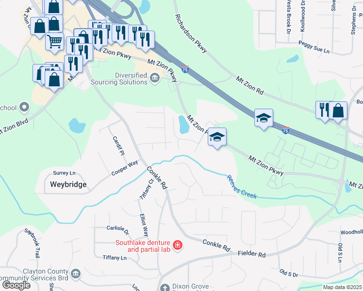 map of restaurants, bars, coffee shops, grocery stores, and more near 7314 Bridlewood Court in Jonesboro