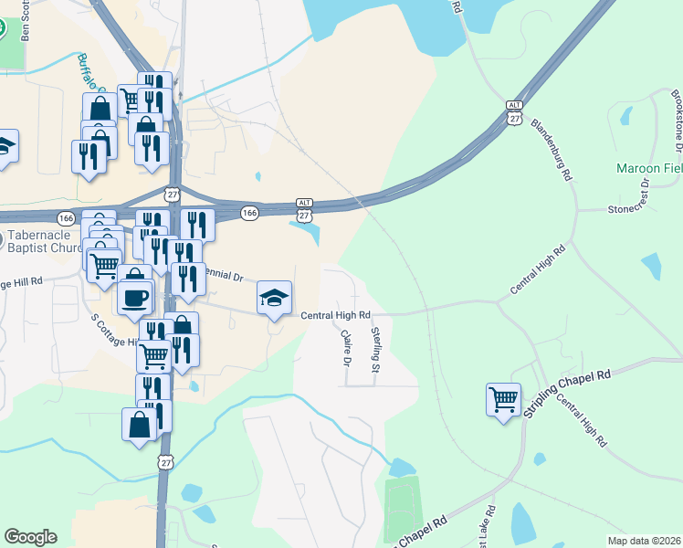 map of restaurants, bars, coffee shops, grocery stores, and more near 119A Waverly Way in Carrollton