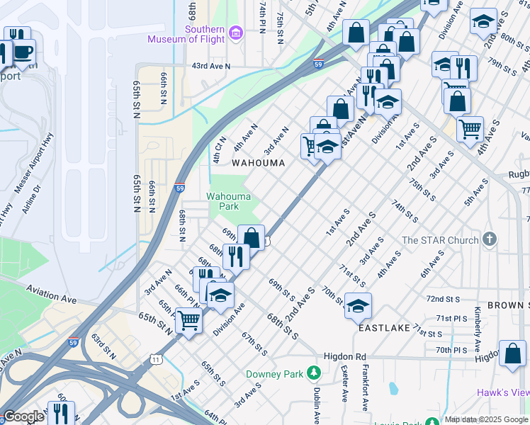 map of restaurants, bars, coffee shops, grocery stores, and more near 7032 1st Avenue North in Birmingham