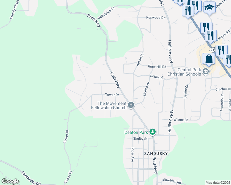 map of restaurants, bars, coffee shops, grocery stores, and more near 1048 Tower Drive in Birmingham